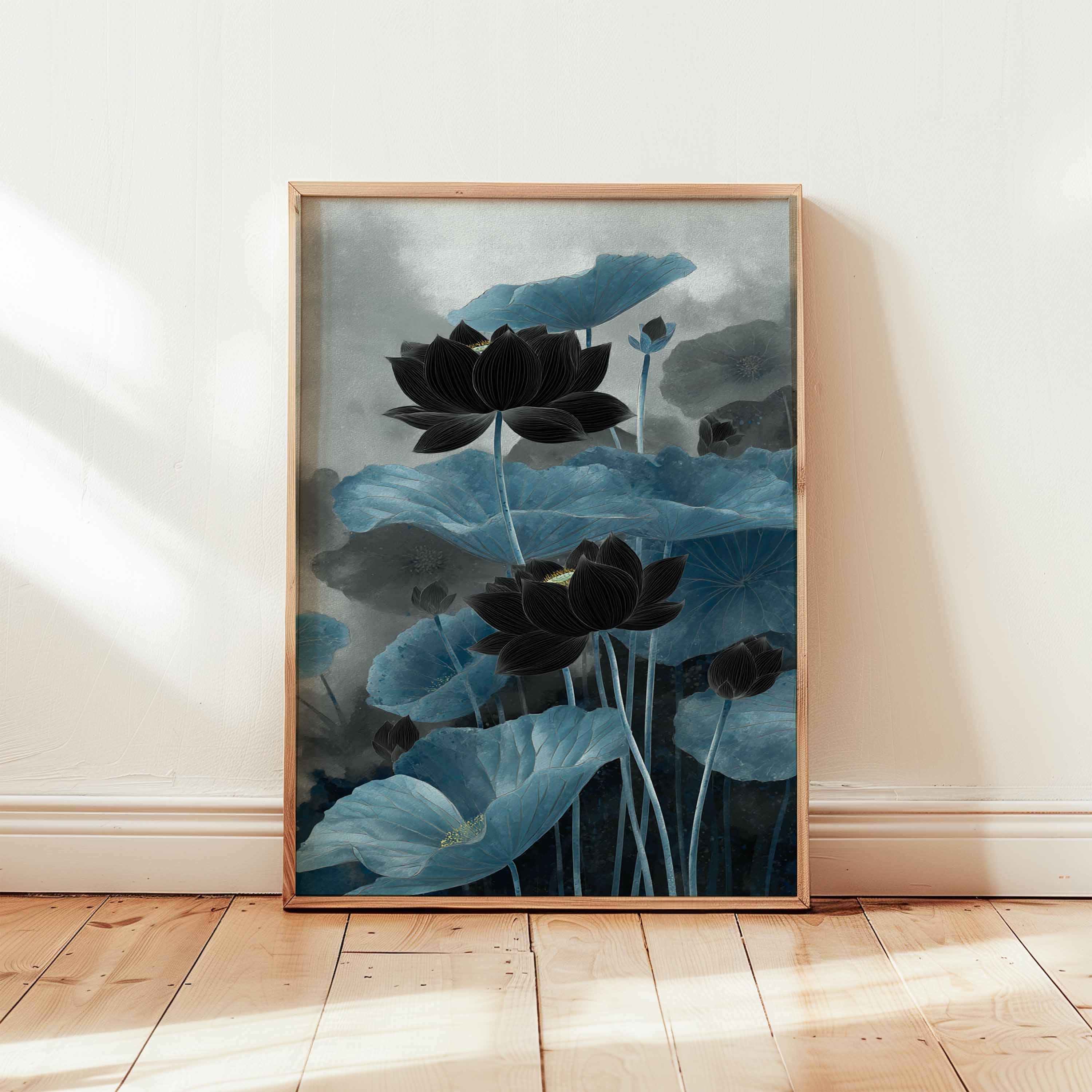 Black Lotus Wall Art, Japanese Botanical Night Poster, Dark Floral