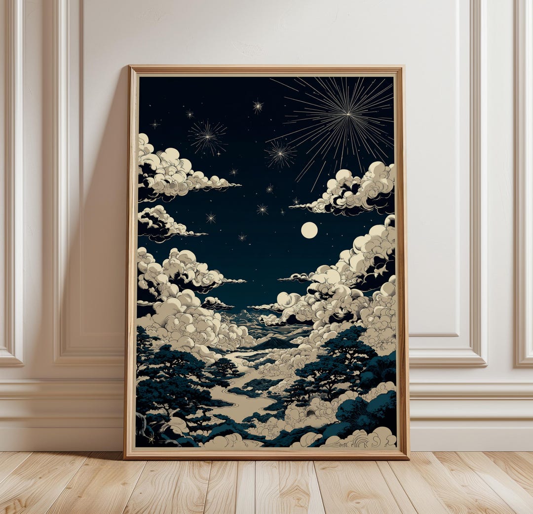 Night Sky Wall Art Poster Moon Clouds Celestial Illustration Dark Blue ...