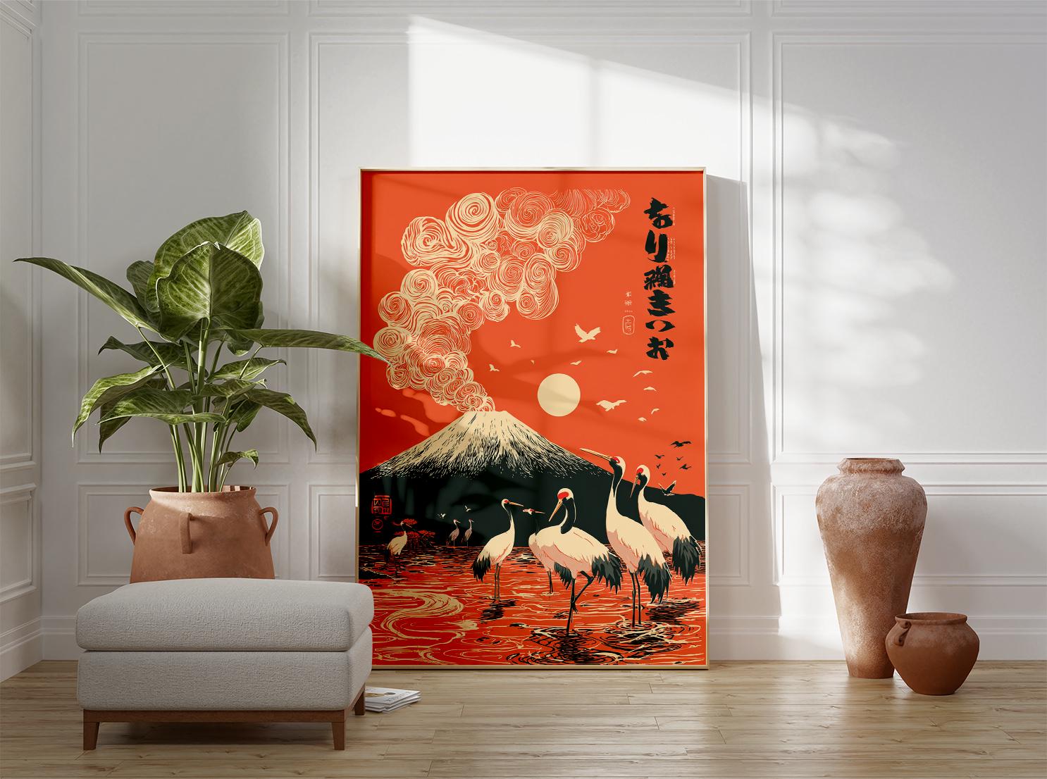 Japanese Crane and Mount Fuji Poster Print | Red Sun Landscape Wall Art ...
