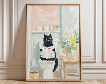Rolig kattposter, svart kattväggkonsttryck, nyckfullt badrumskattläsningskonstverk, udda djurdekor för hemmet, lekfull kattälskarepresent