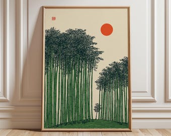 Bamboo Forest Wall Art, Japanese Nature Print, Minimal Botanical Poster, Zen Green Landscape Decor