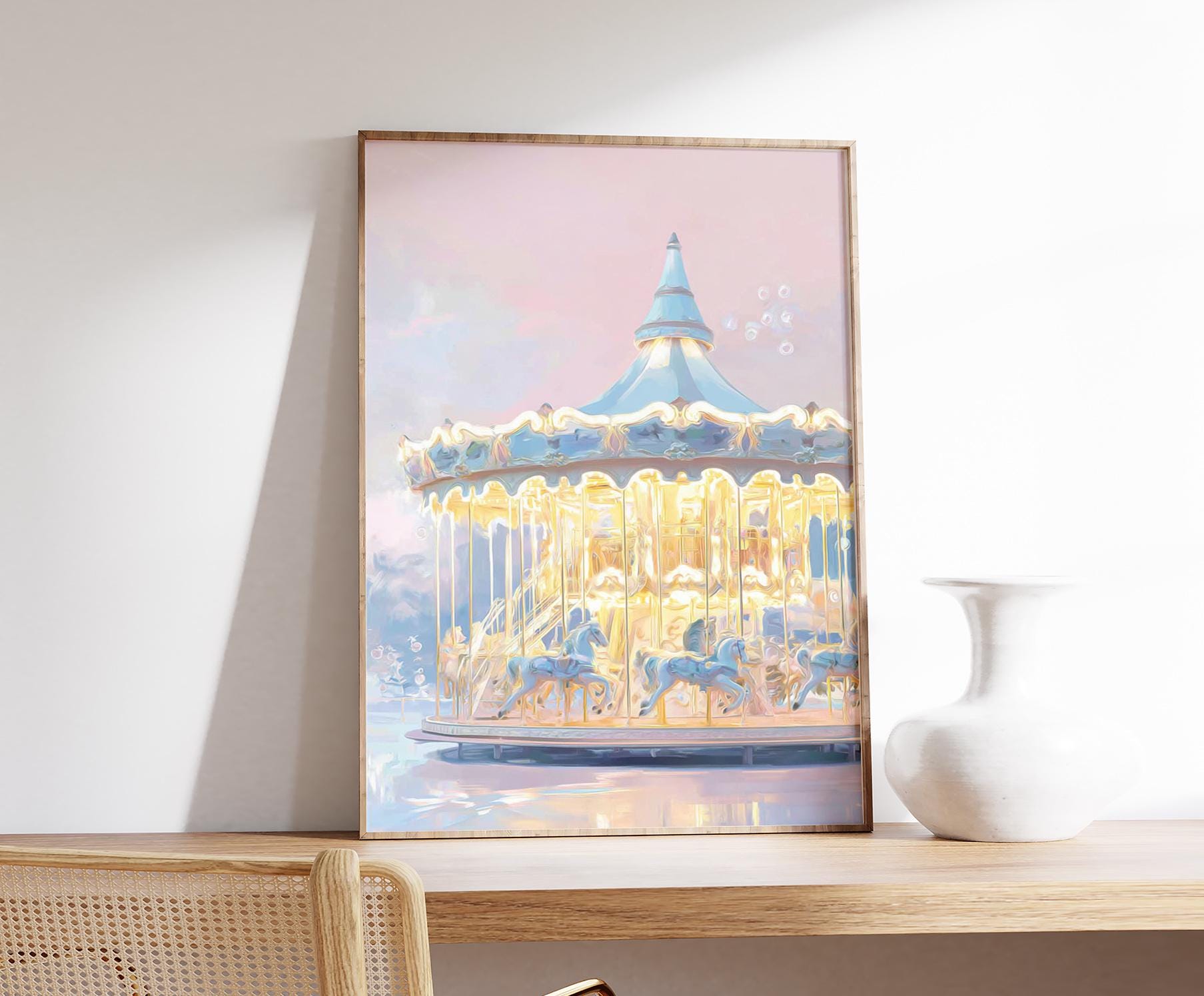 Vintage Carousel Art Print, Pastel Nursery Wall Decor, Dreamy Blue Pink ...