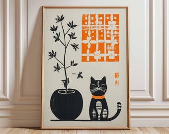 Impression de chat d'art populaire japonais, affiche de chat noir du milieu du siècle, décoration moderne scandinave, art mural floral orange