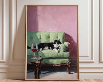 Cat on Sofa Wall Art Poster, Vintage Lounge Scene Print, Black White Cat with Wine, Unframed Painting Style Artwork for Cozy Home Decor