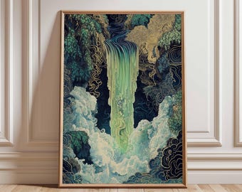 Waterfall in Forest Poster, Abstract Nature Art, Flowing Waterfall with Gold Accents, Mystical Landscape Print, Tranquil Wall Decor