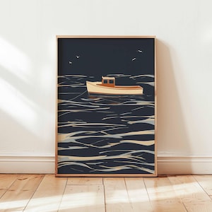 Minimalistische Boot Wandkunst - Modernes nautisches Ozean Poster, ruhige See Druck, Küstenfischerboot Illustration, ungerahmte maritime Dekoration