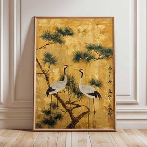 Japanese Crane Wall Art, Gold Foil Style Oriental Poster, Pine Tree Bird Print, Elegant Asian Decor, Traditional Japanese Artwork Unframed