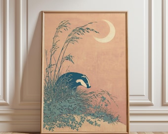 Póster de luna de tejón, arte mural de vida silvestre japonesa, ilustración de naturaleza azul beige, impresión de bosque tranquilo, decoración del hogar, arte vintage japonés