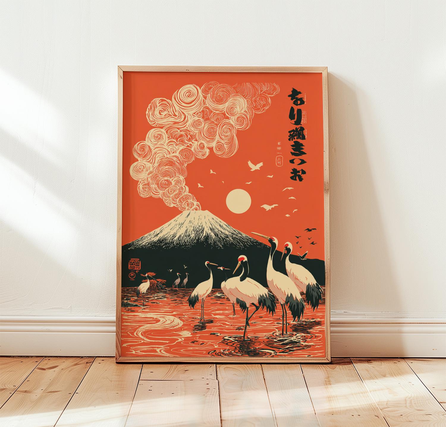Japanese Crane and Mount Fuji Poster Print | Red Sun Landscape Wall Art ...