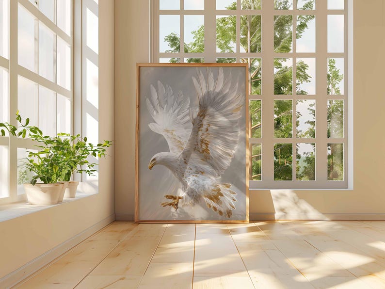 Vit örn-poster, svävande majestätisk fågelväggkonst, elegant vithövdad örn i flykt-tryck, grå neutral djurdekor, kunglig djurlivskonst bild 3