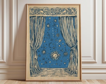 May include: Framed art print featuring a celestial design. The artwork depicts a blue night sky filled with stars, moons, and suns, framed by drawn curtains. The print has a vintage aesthetic with a beige border and a wooden frame.