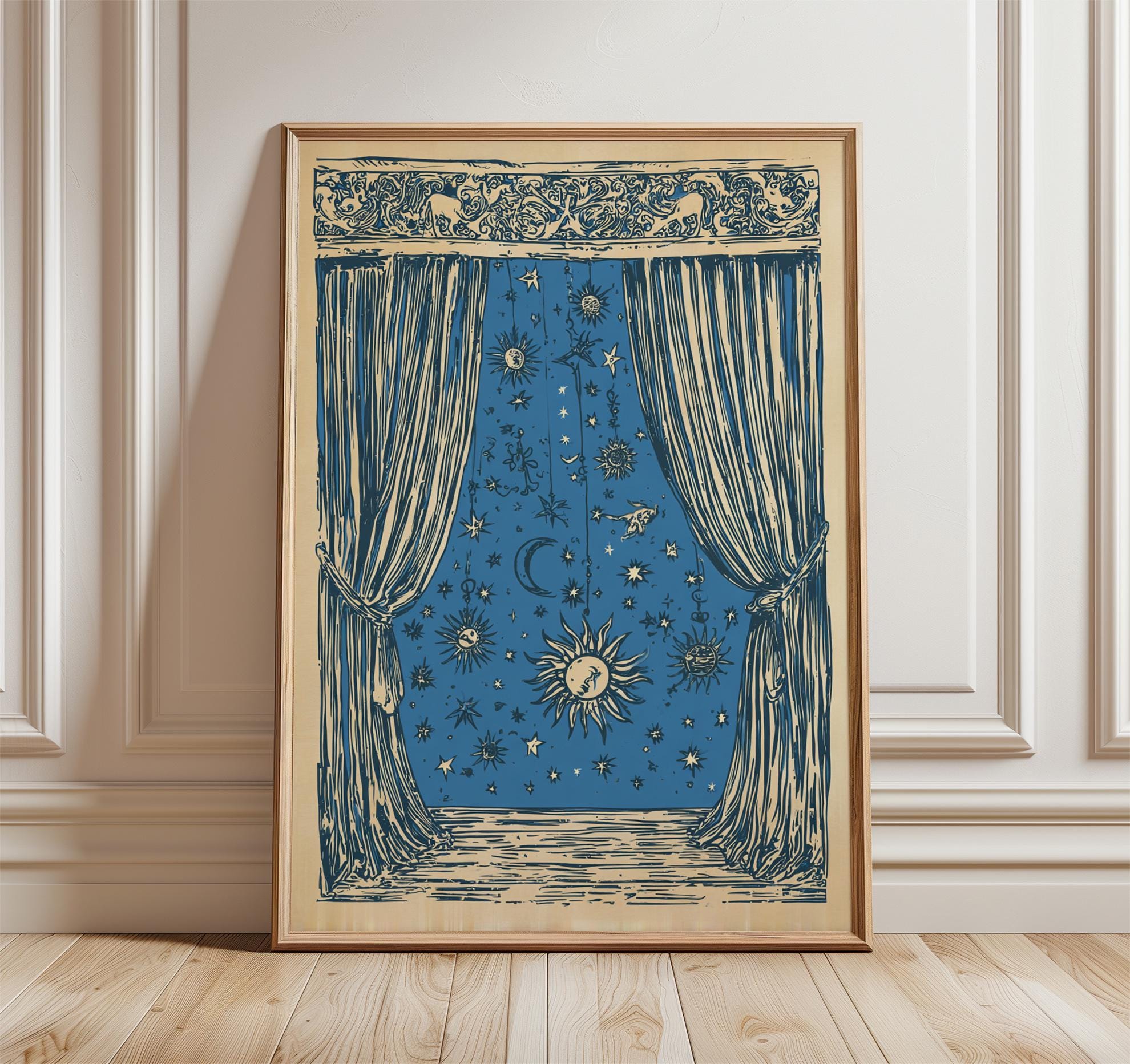 Celestial Curtain Wall Art Print | Moon and Stars Illustration Poster ...