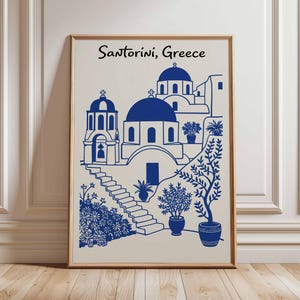 Santorini Greece Poster, Greek Island Travel Print, Blue and White Wall Art, Mediterranean Architecture Decor