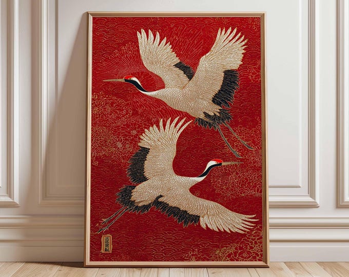 Japanese Crane Wall Art – Red and Gold Oriental Bird Print, Traditional Asian Poster, Elegant Unframed Home Decor