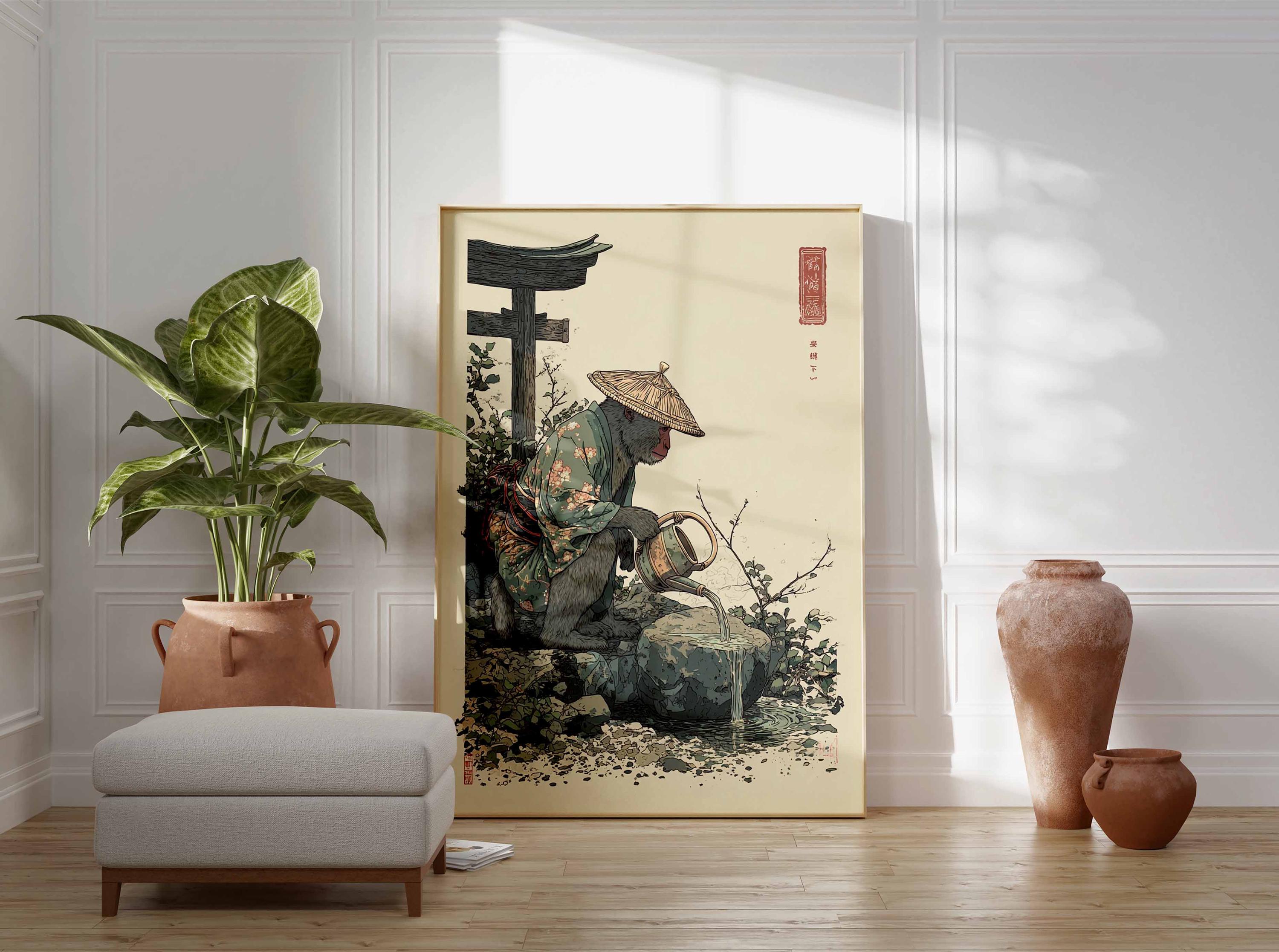 Japanese Monkey in Kimono Poster, Zen Garden Animal Art Print