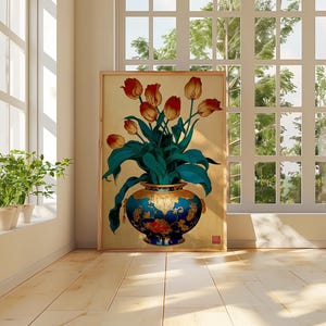 Tulip Vase Wall Art | Botanical Floral Print | Blue Chinoiserie Decor ...