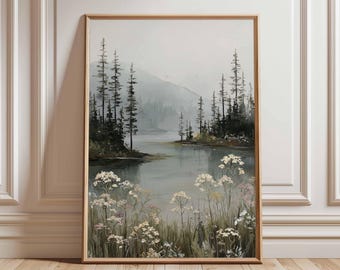 Misty Forest Lake Poster, Neutral Landscape Wall Art, Wildflower Nature Print, Tranquil Mountain Decor Painting