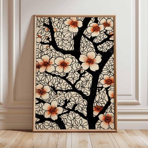 Kunst aan de muur Japanse kersenbloesem, vintage bloemenposter, botanische print, Aziatische stijl kunst, ingelijste Sakura-print, minimalistisch bloemendecor