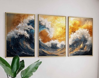 Japanese Art Set of 3, Ocean Wave Art Set, Gold and Blue Abstract Posters, Modern Seascape Prints, Luxury Wall Art, Coastal Home Decor Set