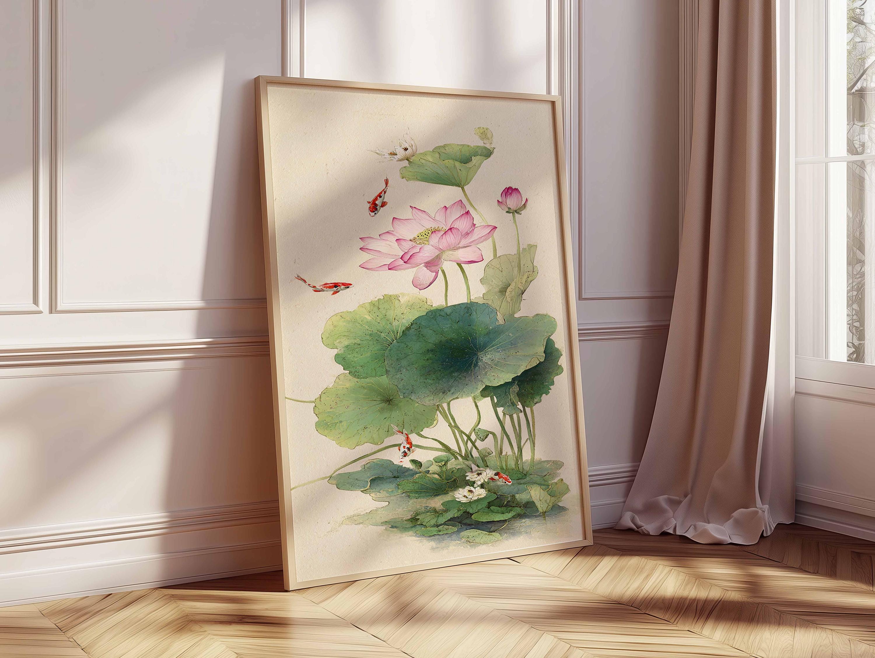 Lotus Flower and Koi Fish Poster, Japanese Watercolor Wall Art