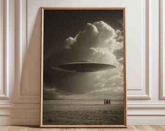 Black and White UFO Poster Print, Vintage Alien Encounter Wall Art, Retro Sci-Fi Spaceship Artwork, Dramatic Monochrome Decor