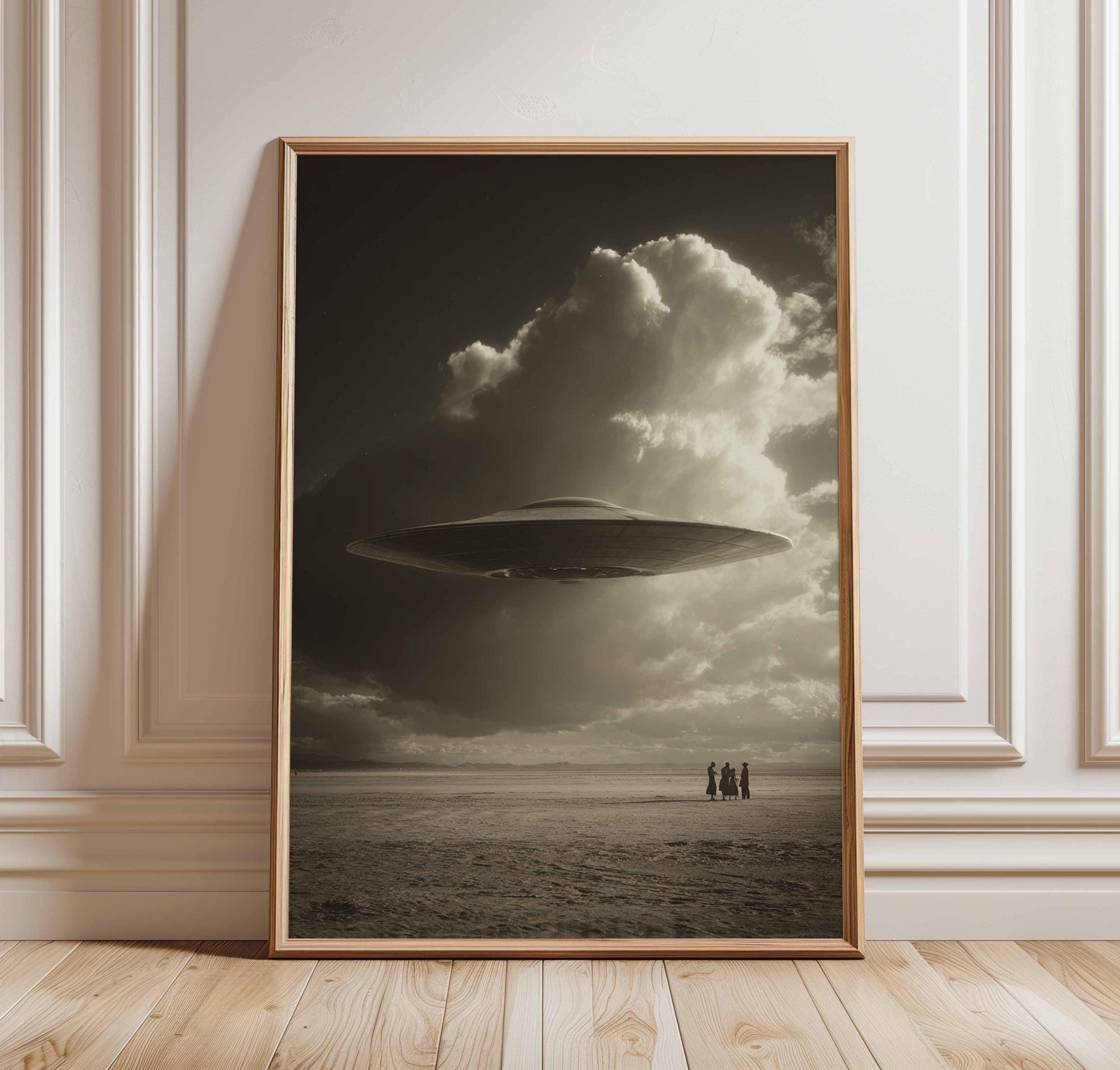 80’S★E.T.★壁掛け★4★ビンテージ★ポスター★アート★宇宙人★UFO Black and White UFO Poster Print, Vintage Alien Encounter Wall Art