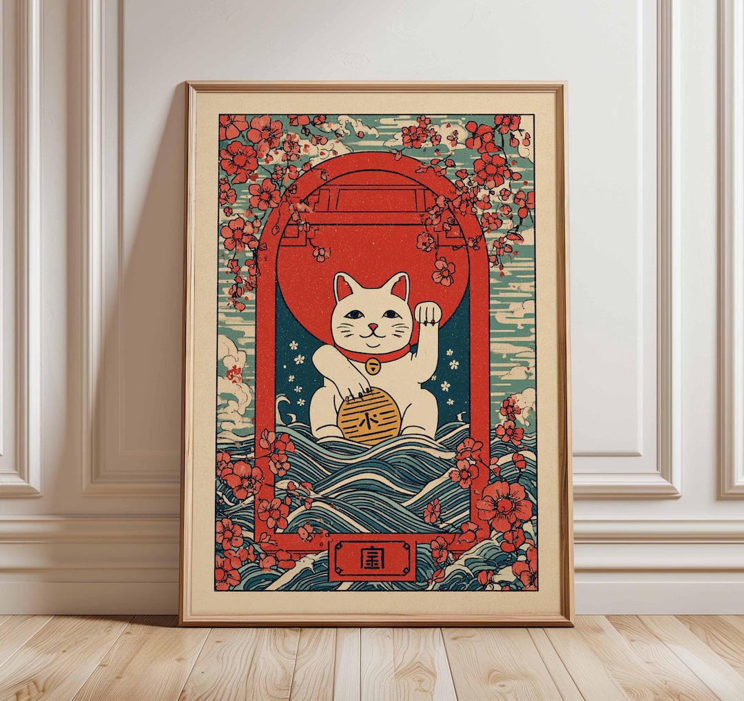 Lucky Cat Poster – Maneki Neko Japanese Wall Art, Vintage Asian