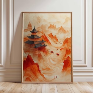 Chinesische Berglandschaft, Wüste Weg Weg Kunst, Traditionelle Asiatische Architektur, Rote und Orange Tuschemalerei, Gelassener Natur Druck