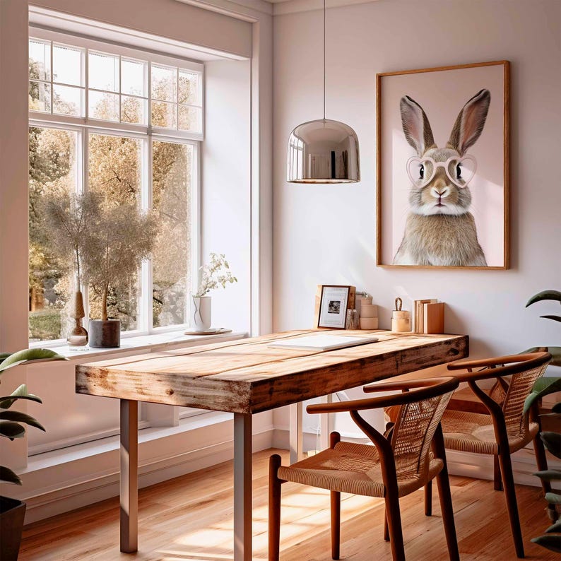 K&ouml;nnte beinhalten: Ein Heimb&uuml;ro mit einem Holztisch und zwei St&uuml;hlen. Ein gerahmter Druck eines Hasen mit Brille h&auml;ngt an der Wand. Ein gro&szlig;es Fenster mit nat&uuml;rlichem Licht und Pflanzen tr&auml;gt zum Ambiente des Raumes bei. Eine silberne Pendelleuchte h&auml;ngt &uuml;ber dem Schreibtisch.