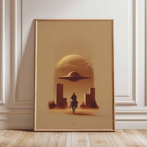 Cowboy and UFO Poster Print, Retro Sci-Fi Western Wall Art, Surreal Desert Landscape, Alien Spaceship Artwork, Futuristic Western Decor