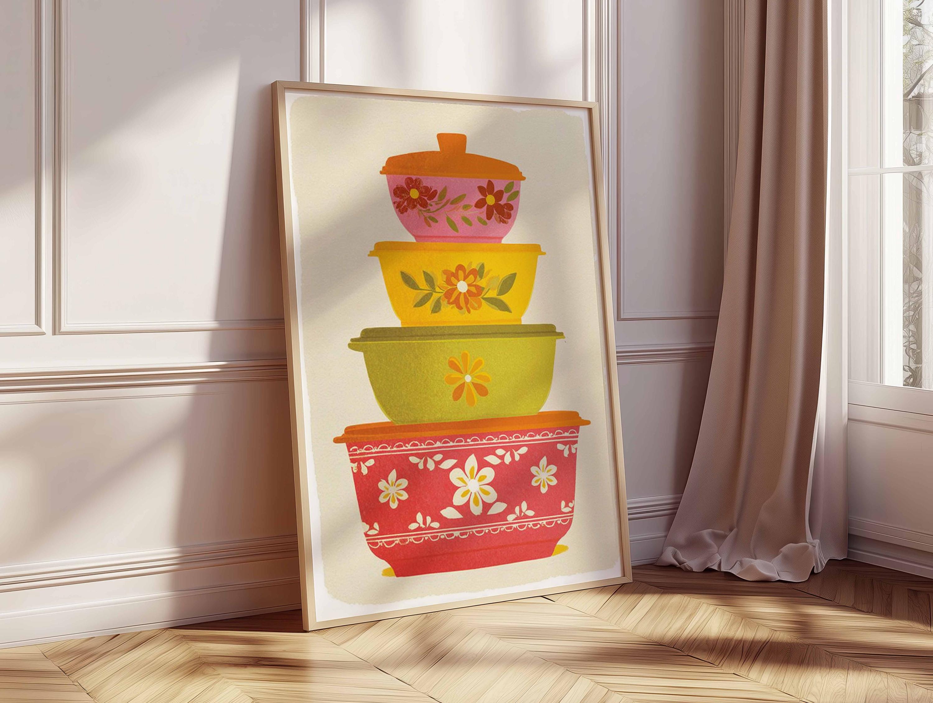 Retro Pyrex Poster, Mid Century Kitchen Wall Art, Vintage Bowl