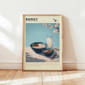 Affiche de ramen, impression d&#39;art mural soupe de nouilles japonaises, décoration de cuisine pastel, illustration de nourriture, art fleurs de cerisier, oeuvre de ramen sans cadre
