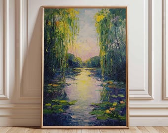 しだれ柳と睡蓮の池 - クロード・モネの手描きの油絵の複製、美しい庭