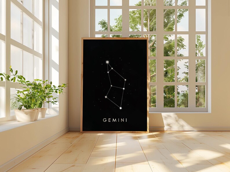 Gemini Constellation Poster | Black Zodiac Wall Art | Minimal Astrology ...