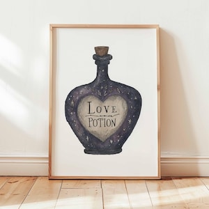 Love Potion Wall Art Print, Magical Potion Bottle Poster, Witchy Gothic Decor, Romantic Illustration for Home or Bedroom