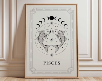 Pisces Sternzeichen Wandkunst, Strichzeichnung, himmlisches Astrologie Poster, Fische Sternzeichen Dekor, minimalistische Horoskopkunst, moderner Boho Print