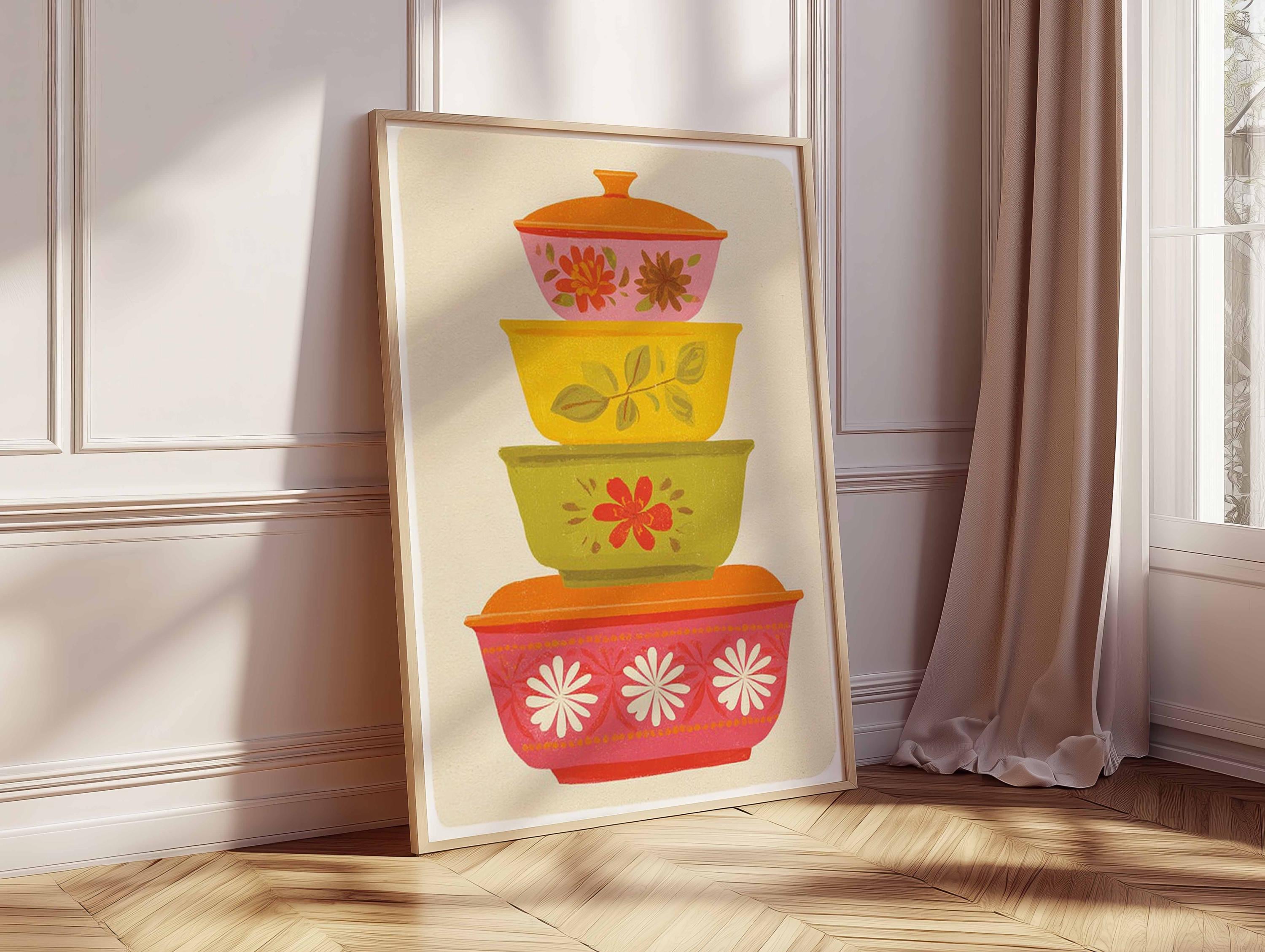 Retro Pyrex Poster, Mid Century Kitchen Wall Art, Vintage Bowl Stack ...