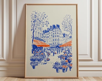 Paris Market Poster, Vintage Illustration Art Print, French Street Scene Wall Art, Travel Decor