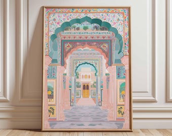 Peut inclure: Une impression d'art encadrée représentant une entrée de palais indien ornée. L'œuvre présente une série d'arcades dans des tons de rose, de sarcelle et d'or, avec des détails floraux et architecturaux complexes. L'impression est présentée dans un cadre en bois.