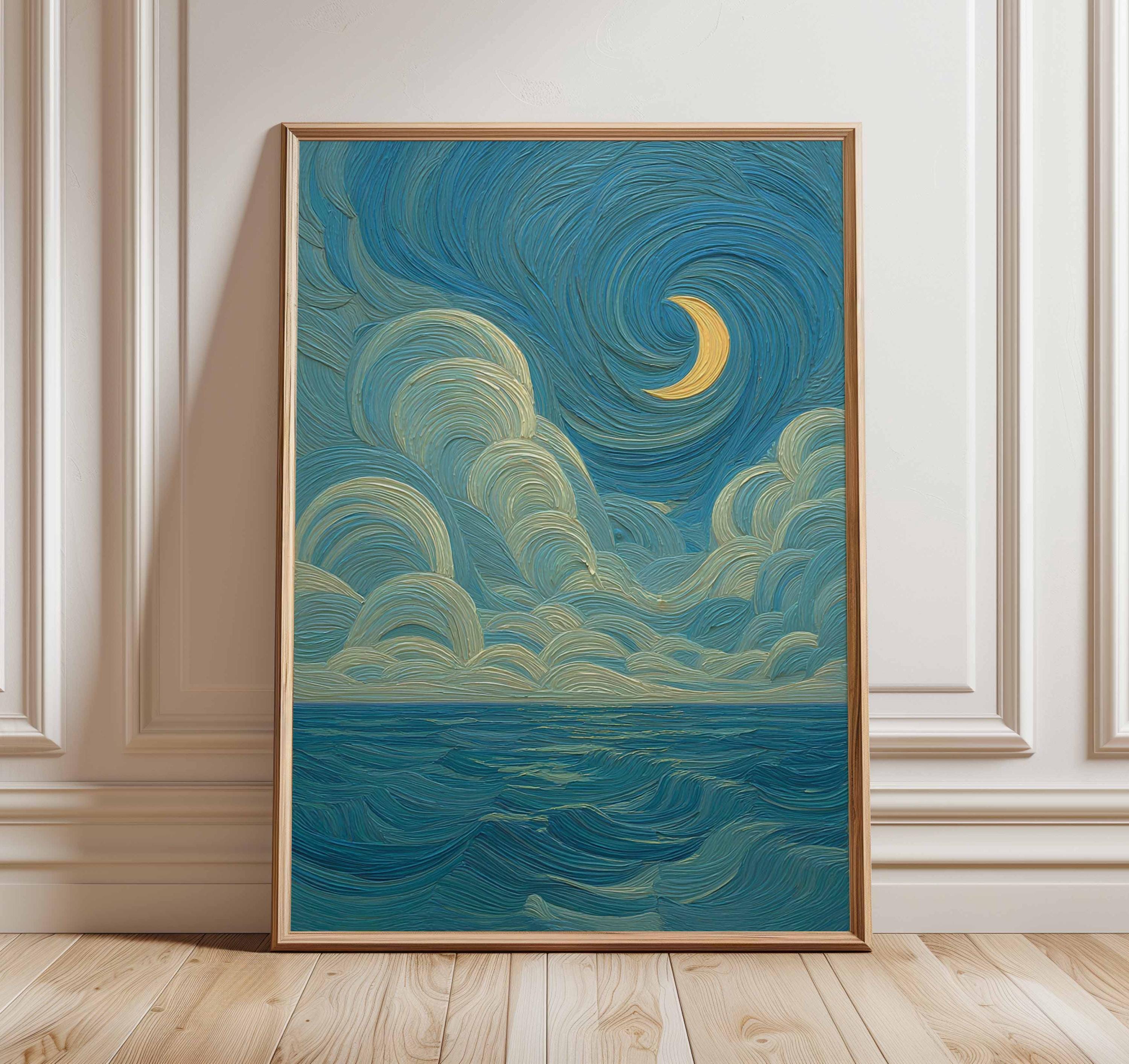 Moonlit Ocean Poster, Starry Night Wall Art, Abstract Sea Painting ...