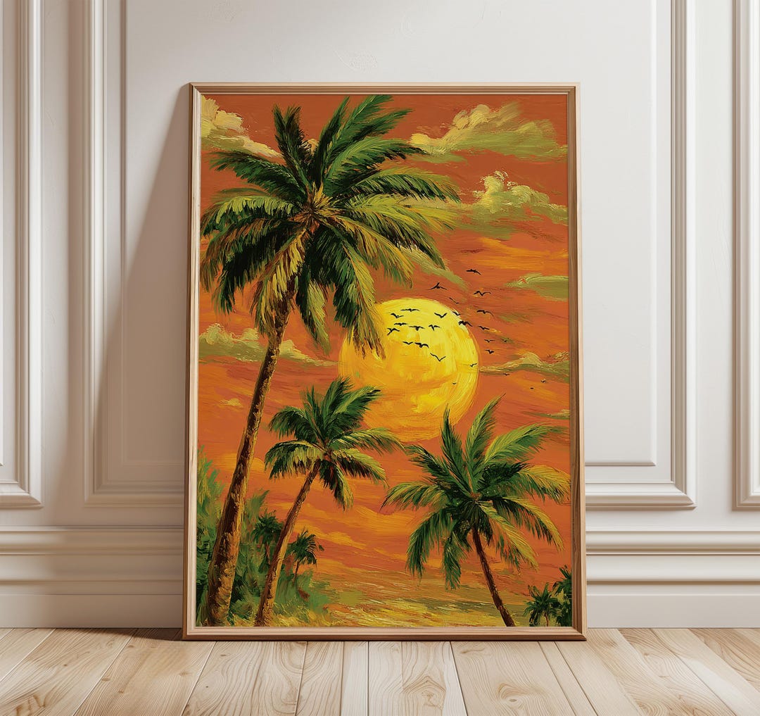 Tropical Sunset Art Print, Palm Tree Wall Art, Vibrant Beach Poster ...