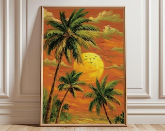 Tropical Sunset Art Print, Palm Tree Wall Art, Vibrant Beach Poster, Orange Sky Landscape Painting, Exotic Coastal Home Decor