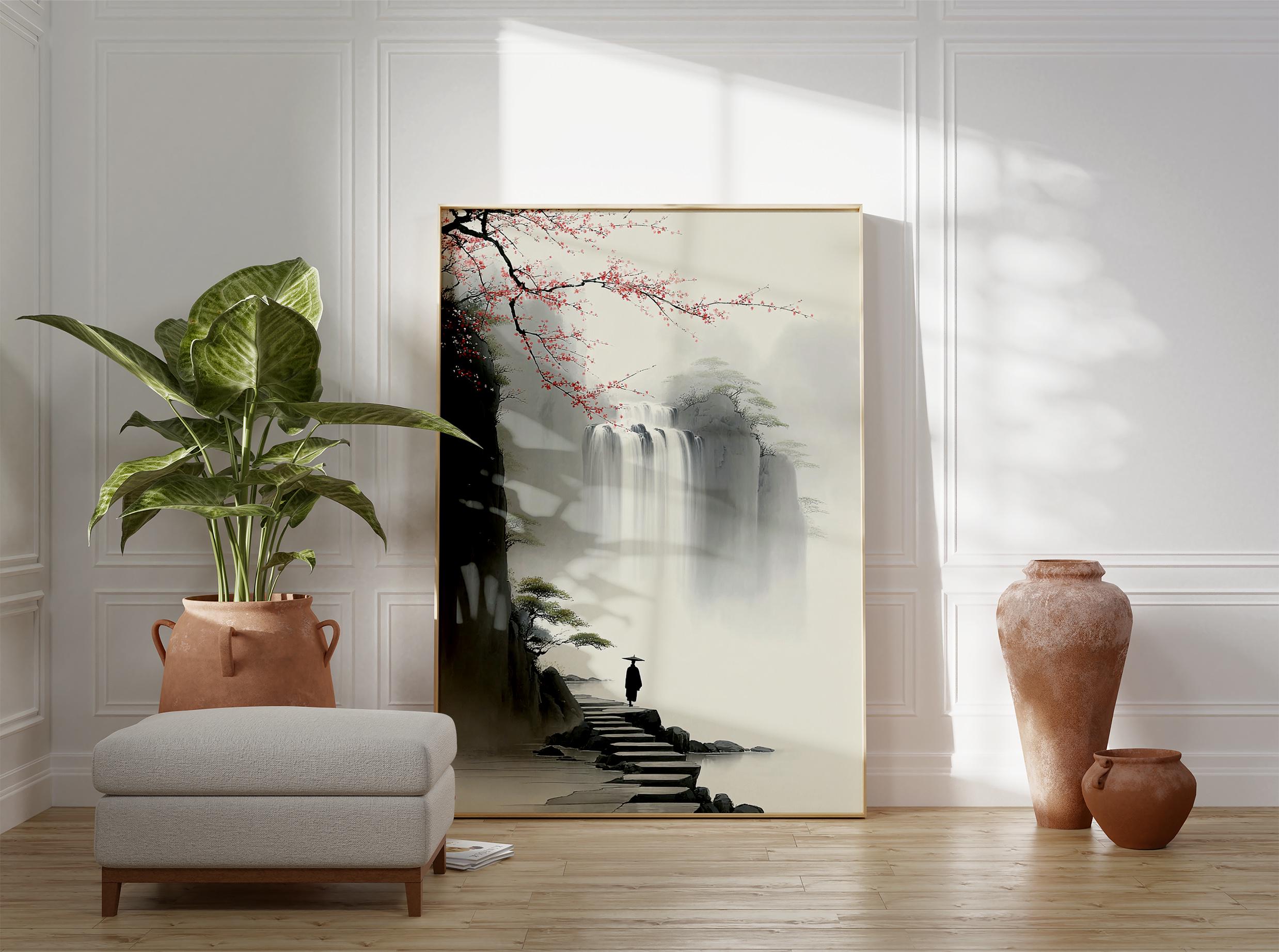 Japanese Waterfall Wall Art, Zen Landscape Poster, Traditional Asian ...