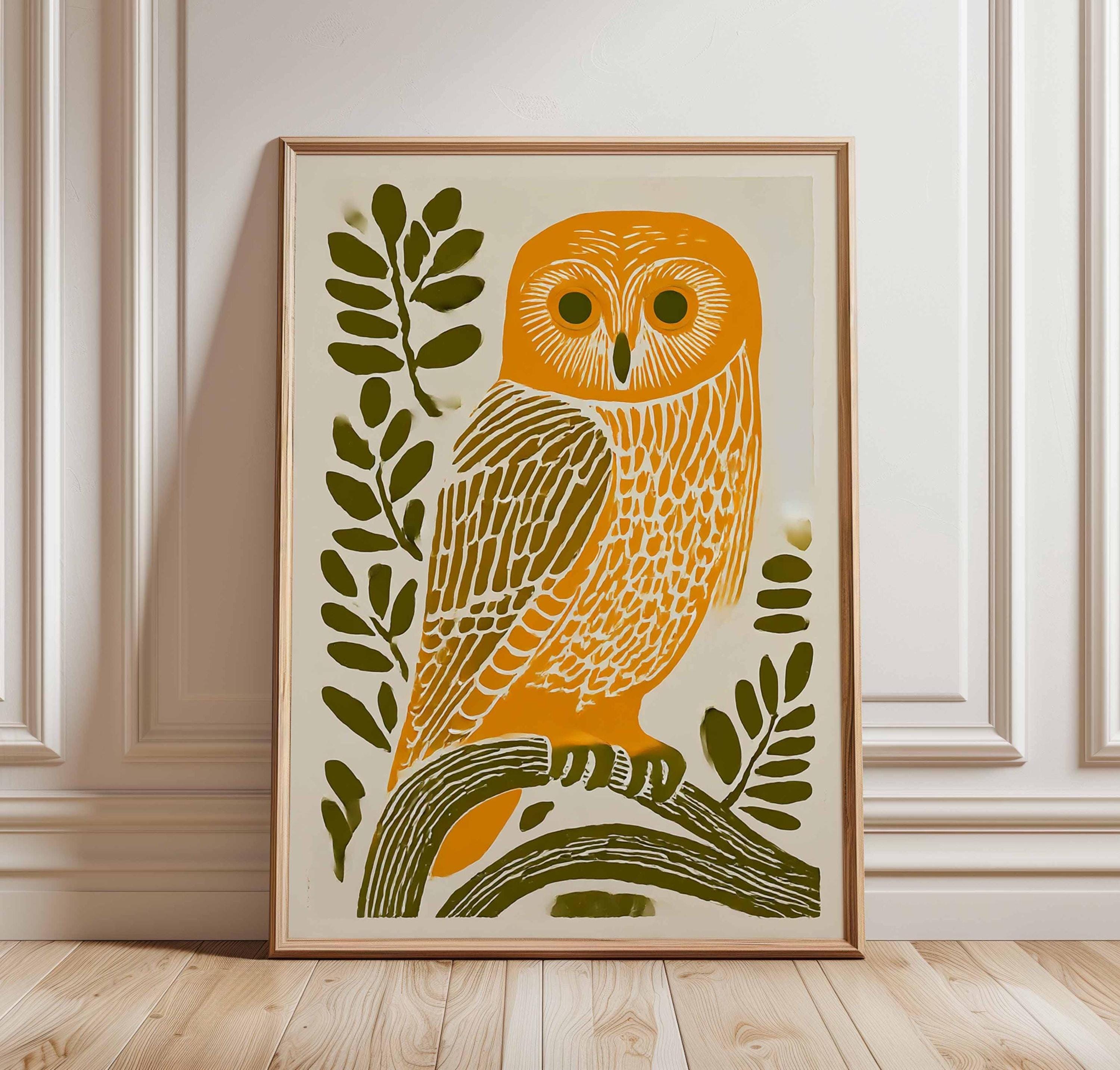 Orange Owl Wall Art, Woodland Animal Poster, Mid Century Folk Art