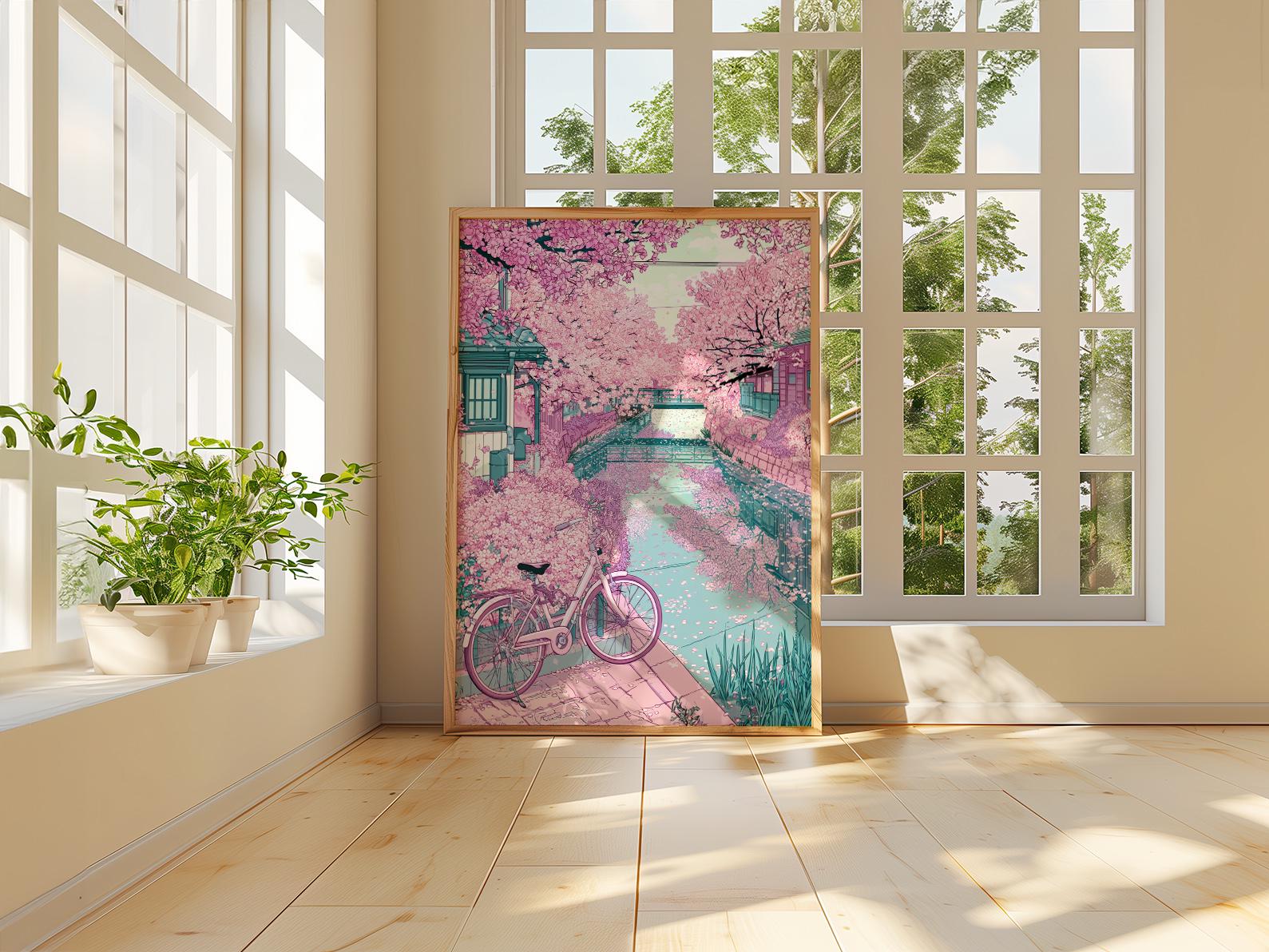 Japanese Cherry Blossom Canal Poster, Pink Anime Wall Art - Etsy