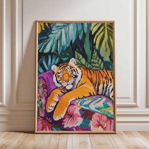 Vibrant Tiger Relaxing in Jungle Art – Colorful Tropical Wildlife Poster, Tiger Jungle Painting, Bold Animal Wall Art