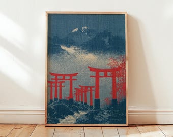 Japanese Torii Poster, Vintage Landscape Wall Art, Paper Print