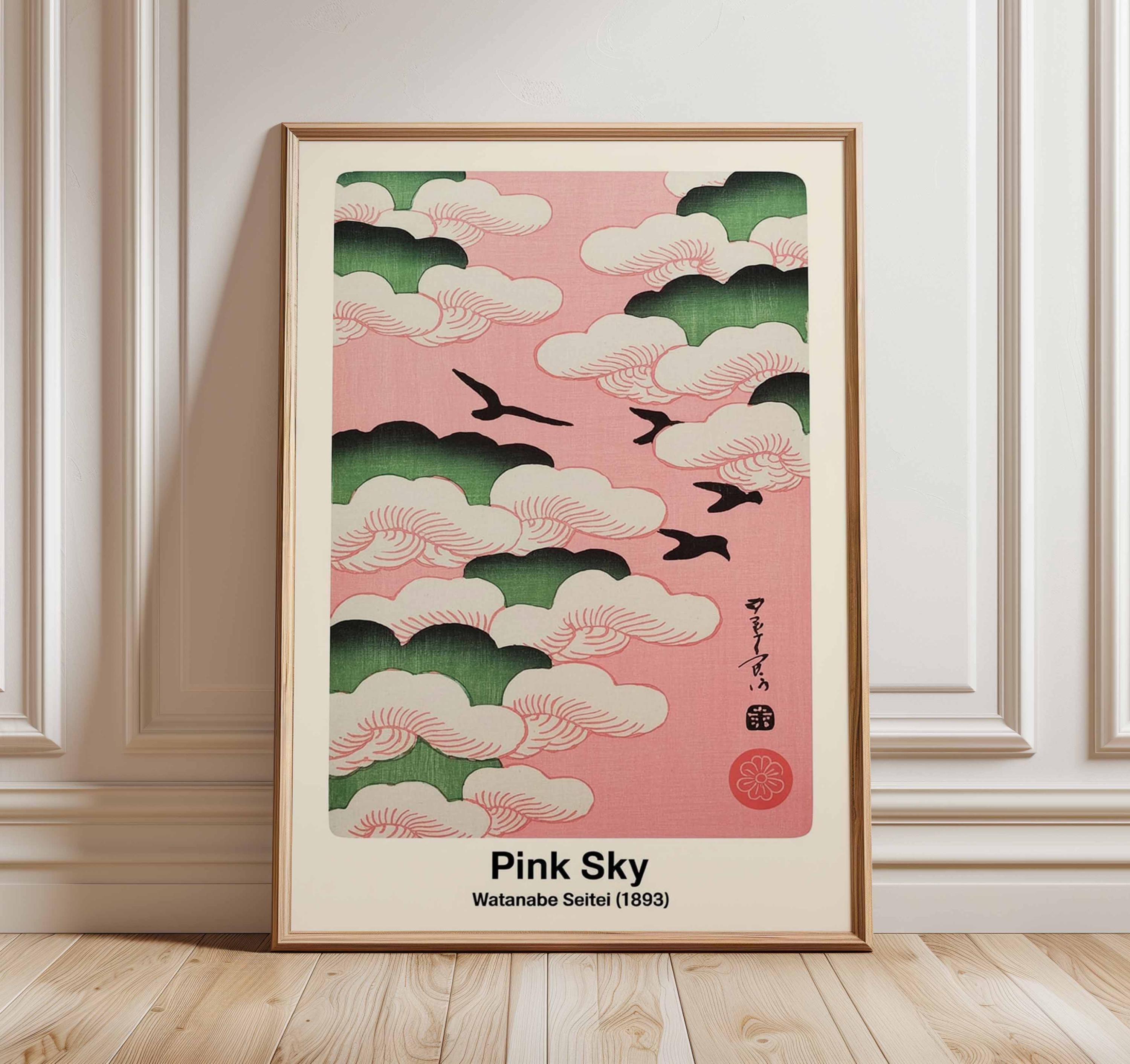 watanabe　アンティークヴィンテージフランスPAPIER Pink Sky Japanese Print, Watanabe Seitei Wall Art Poster, Vintage