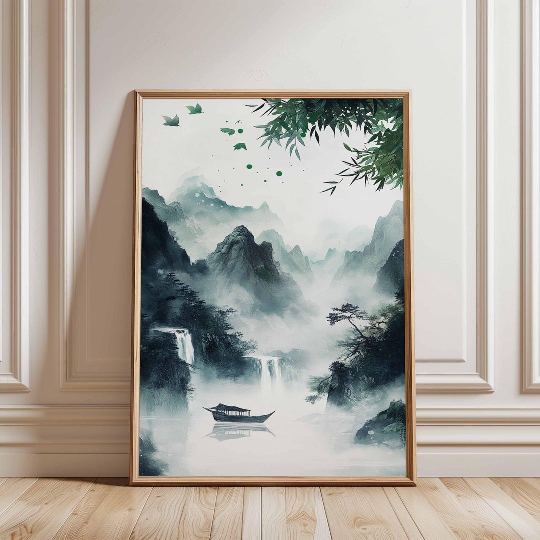 Misty Mountain Lake Landscape Poster Green Nature Wall Art Vertical ...