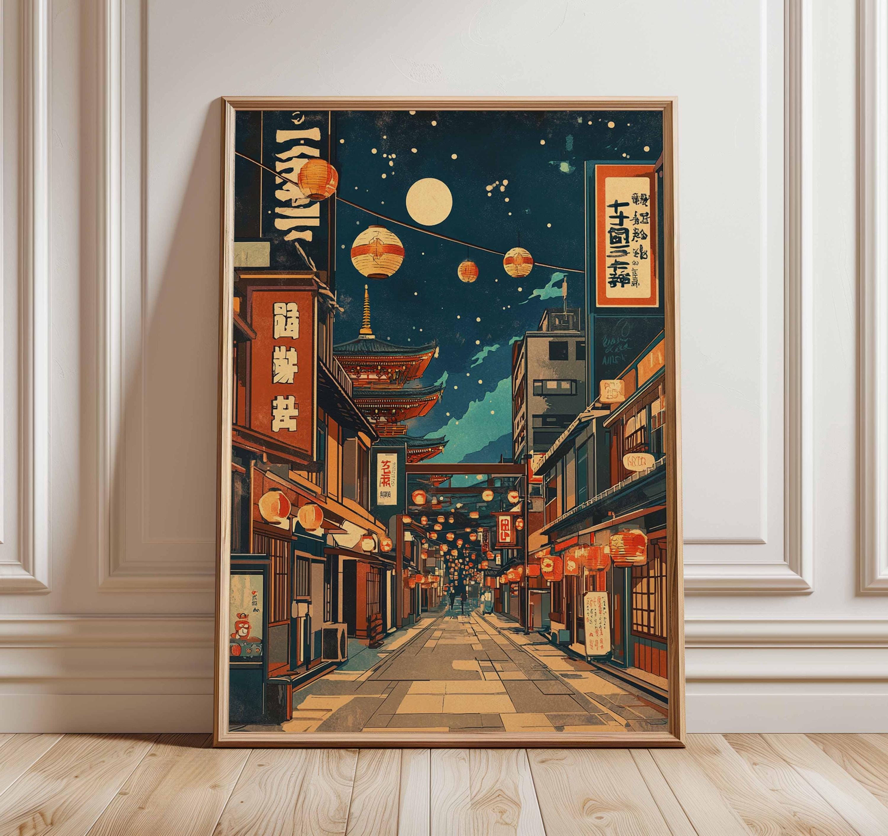 Japanese Lantern Street Poster, Vintage Japan Night Market Wall